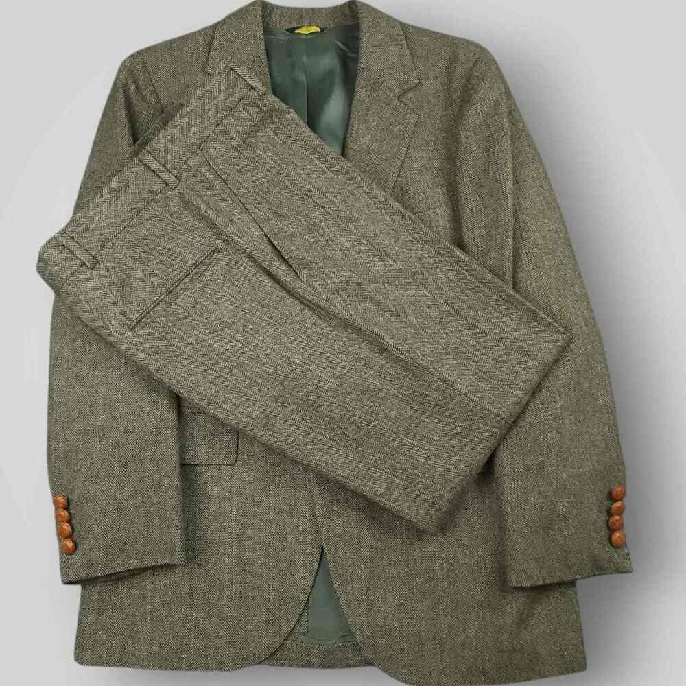 Vtg 60s Mens 2 Pc Tweed Wool Suit 36S/30S Herringbone Mad Men Wide Leg USA Gray